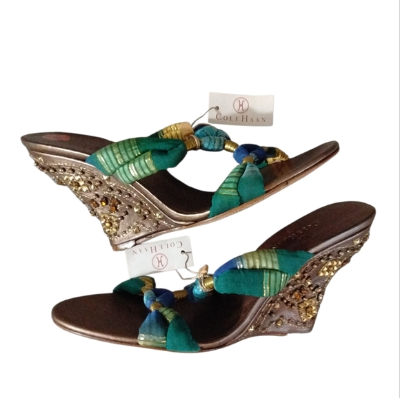 NEW Cole Haan Gemstone Embellished Gold Wedge Sandal - Picture 11 of 11
